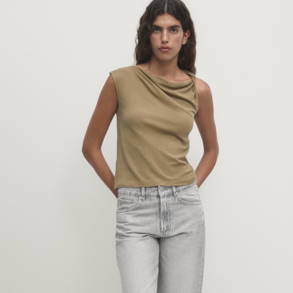 NWT Massimo Dutti Draped Shoulder Cotton Top Size M Olive